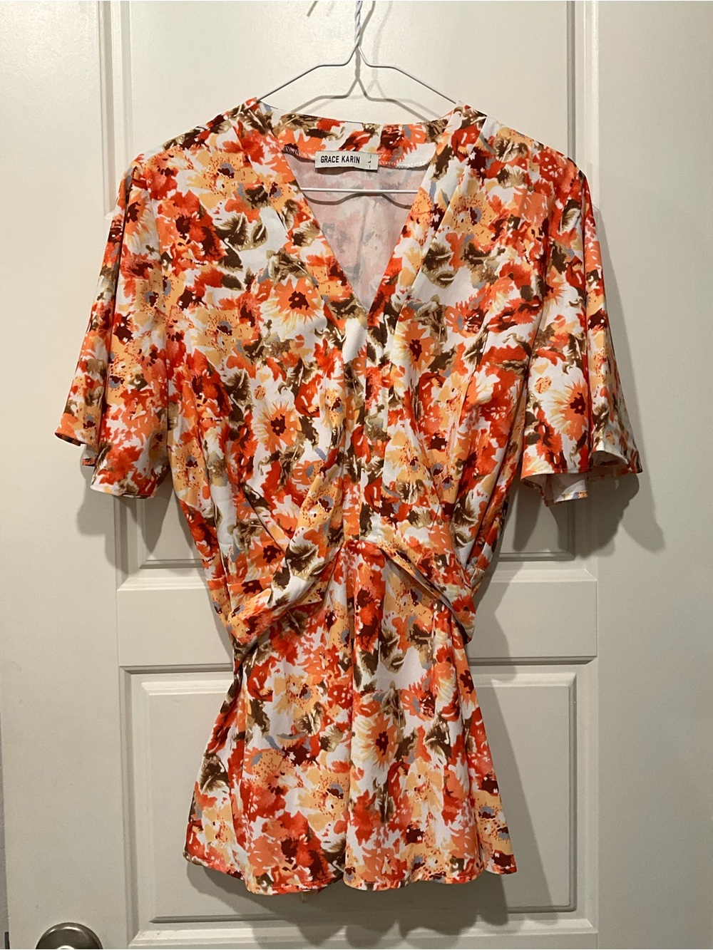 Grace Karin Orange Floral Twist-Front Wrap Top